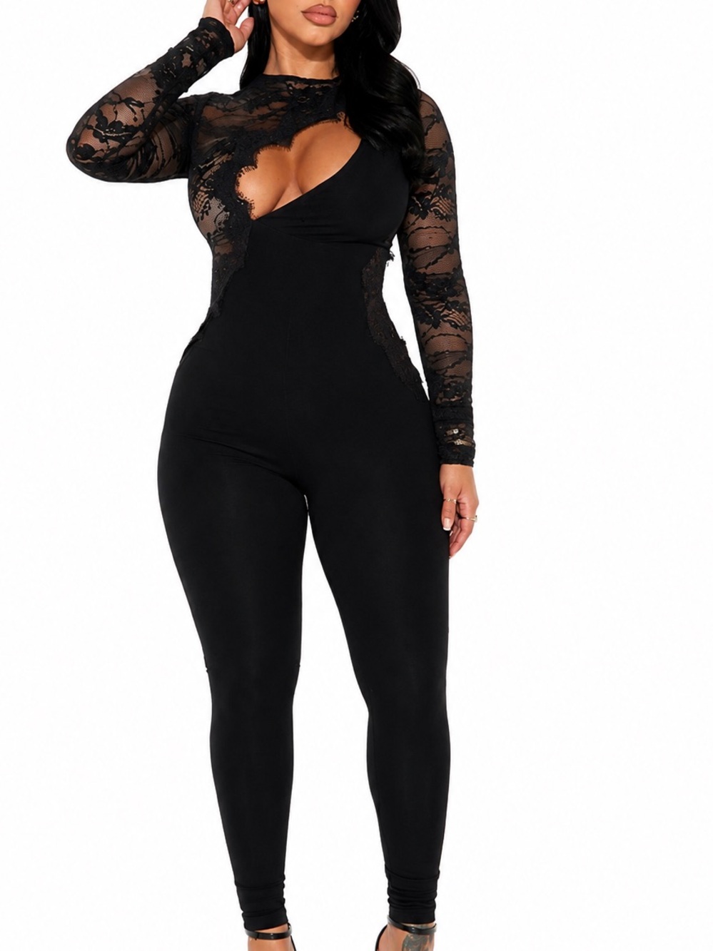Fashion Nova Black Lace One-Arm Cutout Jumpsuit
